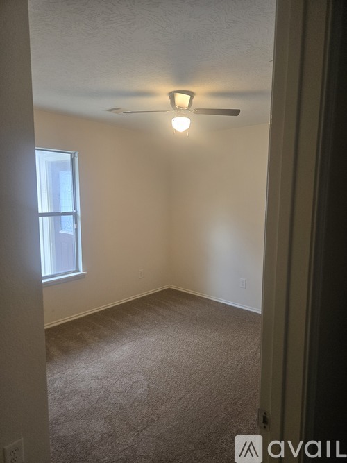 A carpeted room with a window and a light on the ceiling.