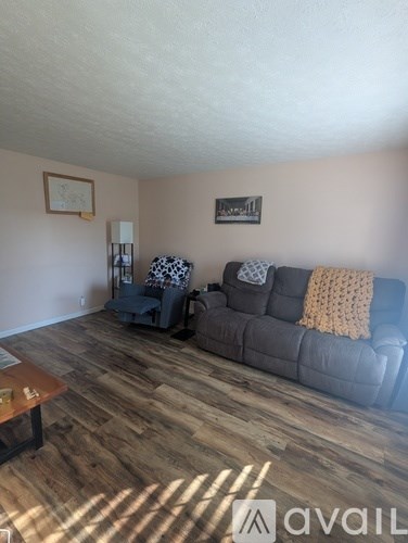 A living room with a grey couch and a wooden coffee table.