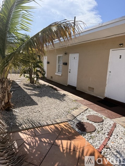 A house with a white door and a palm tree in front.