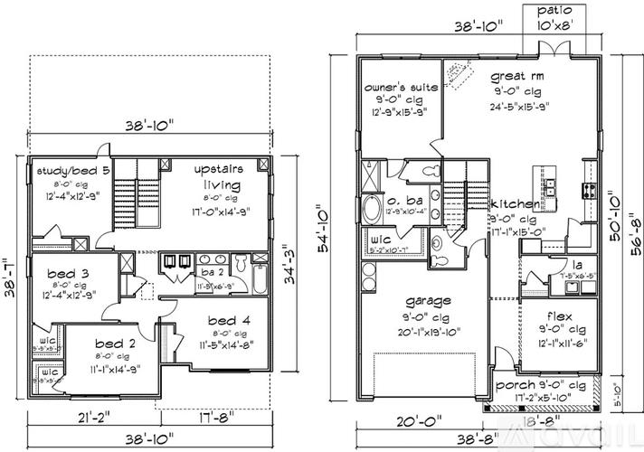 A floor plan of a two-story house with a garage and a study/bedroom on the first floor and a great room, kitchen, and porch on the second floor.
