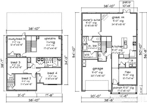 A floor plan of a two-story house with a garage and a study/bedroom on the first floor and a great room, kitchen, and porch on the second floor.