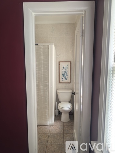 A white toilet in a small bathroom with a framed picture on the wall.