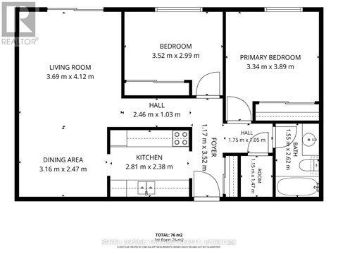 A black and white floor plan of a house with a total area of 76 square meters.