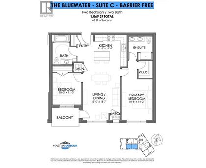 A floor plan for "The Bluewater - Suite C - Barrier Free" showing a two bedroom/two bath apartment.