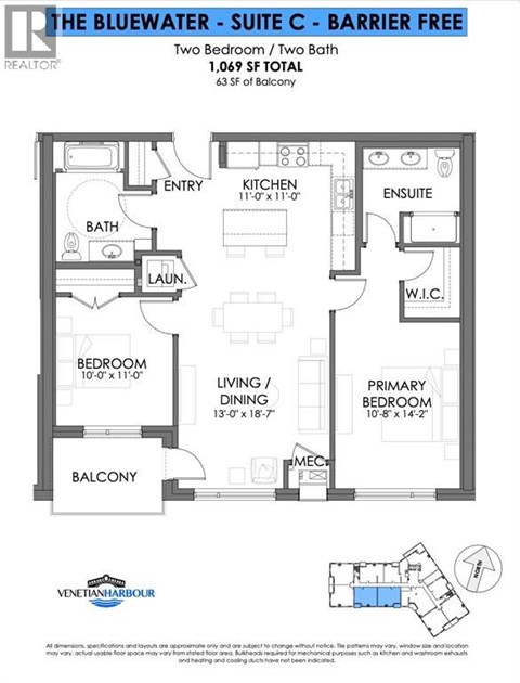 A floor plan for "The Bluewater - Suite C - Barrier Free" showing a two bedroom/two bath apartment.