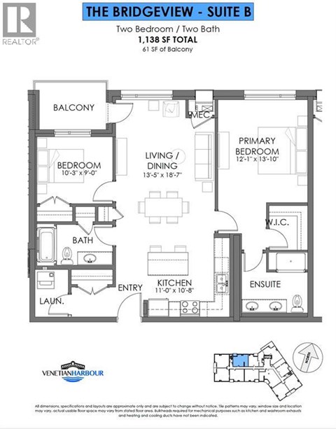 A floor plan for a suite in The Bridgeview, a two bedroom, two bath apartment.