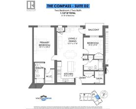 A floor plan for The Compass - Suite D2, a two bedroom, two bath unit at Venetian Harbour.