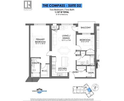 A floor plan for The Compass - Suite D2, a two bedroom, two bath unit at Venetian Harbour.