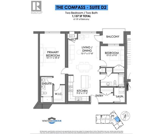 A floor plan for The Compass - Suite D2, a two bedroom, two bath unit at Venetian Harbour.