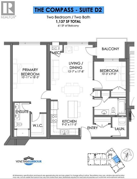 A floor plan for The Compass - Suite D2, a two bedroom, two bath unit at Venetian Harbour.
