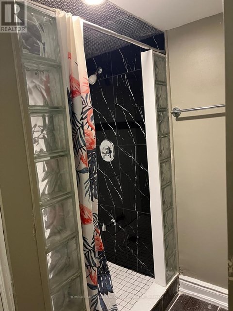 A bathroom with a shower curtain and a glass door.