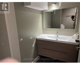 A bathroom with a sink, mirror, and toilet paper holder.