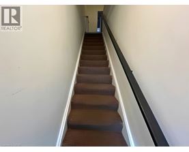 A staircase with a black railing and brown steps.