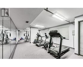 A gym with a treadmill, weights and exercise equipment.