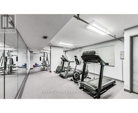 A gym with a treadmill, weights and exercise equipment.