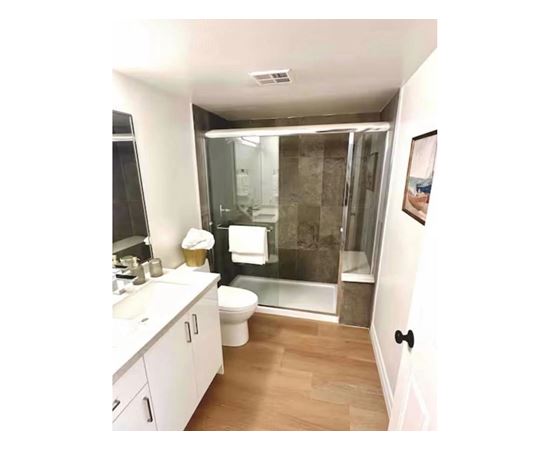 A bathroom with a walk in shower and a toilet.