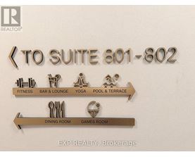 A sign for suite 801-802 with arrows pointing to the fitness, bar and lounge, yoga, pool and terrace, dining room and games room.