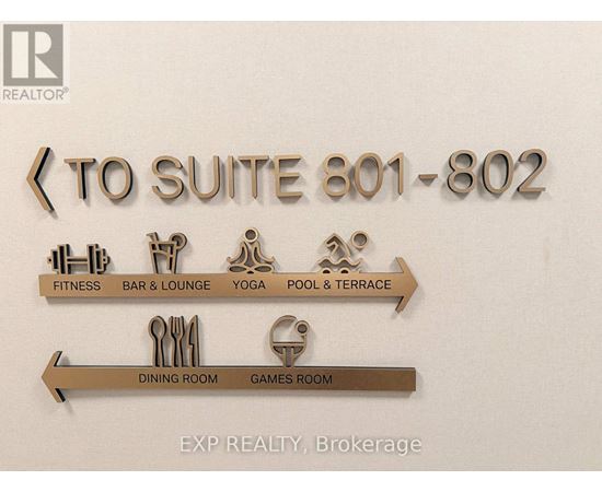 A sign for suite 801-802 with arrows pointing to the fitness, bar and lounge, yoga, pool and terrace, dining room and games room.