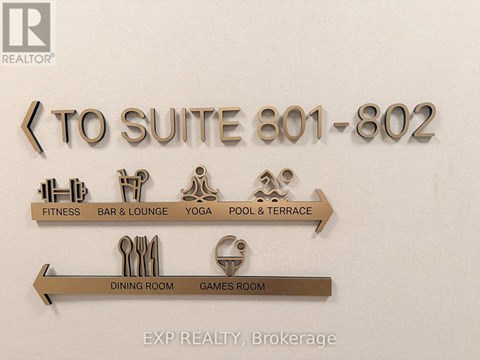A sign for suite 801-802 with arrows pointing to the fitness, bar and lounge, yoga, pool and terrace, dining room and games room.