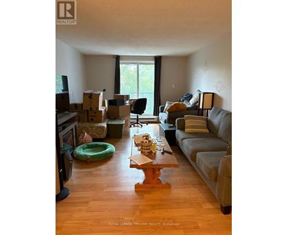A living room with a grey couch and a wooden coffee table.