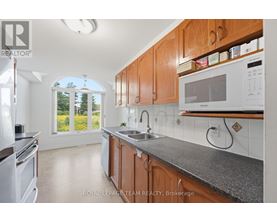 A kitchen with wooden cabinets and a window overlooking a green area.