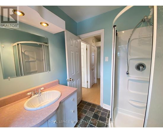 A bathroom with a sink, mirror, and shower.