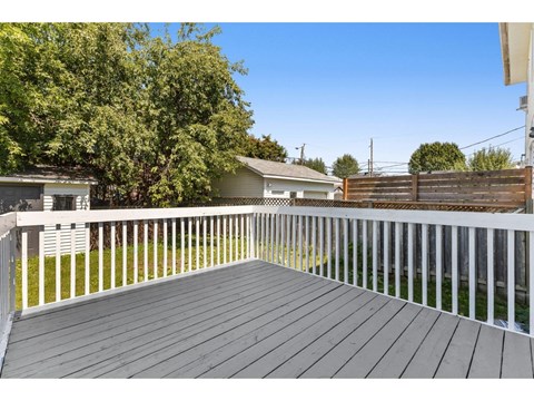 A wooden deck with a white railing and a backdrop of trees and houses.