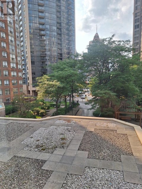A rooftop garden with a gravel area and a grassy area with trees.