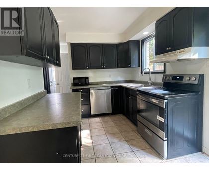 A kitchen with black cabinets and stainless steel appliances.