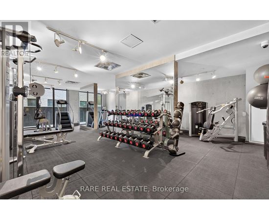 A well-equipped gym with a variety of exercise machines and weights.