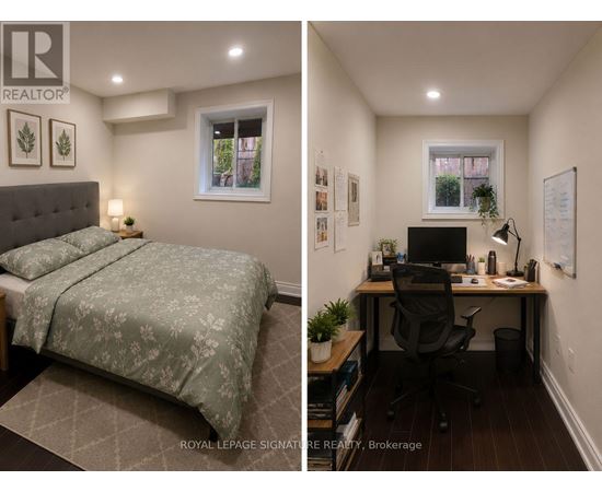 A bedroom with a bed and a desk with a computer.