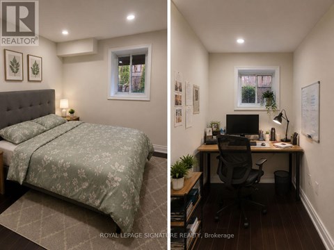 A bedroom with a bed and a desk with a computer.