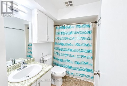 A bathroom with a sink, toilet and shower curtain.