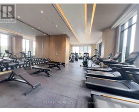 A gym with treadmills, weights, and exercise equipment.
