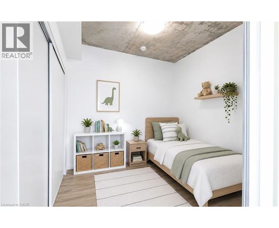 A bedroom with a bed, a nightstand, and a shelf with plants and books.