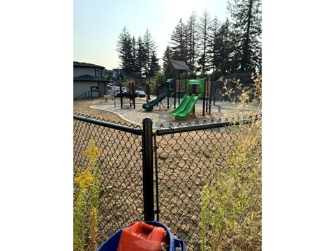 A playground with a green slide and a black fence.