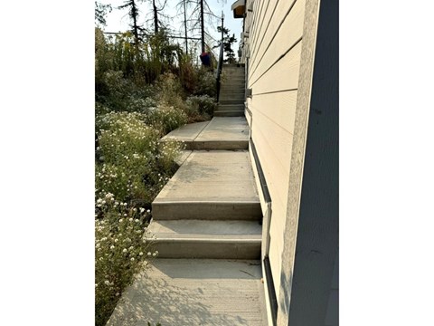A set of concrete stairs leads up to a building.