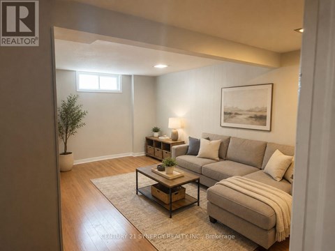 A living room with a couch, a coffee table, and a potted plant.