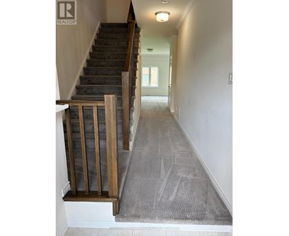 A hallway with a staircase and a carpeted floor.