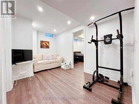 A living room with a television, couch, and a gym equipment.