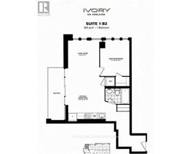 A black and white floor plan for a 1-bedroom suite.