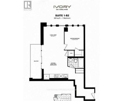 A black and white floor plan for a 1-bedroom suite.