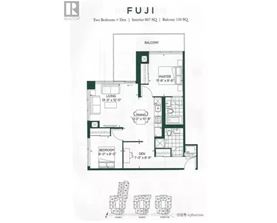 A floor plan for a two bedroom den with an interior of 807 square feet and a balcony of 130 square feet.