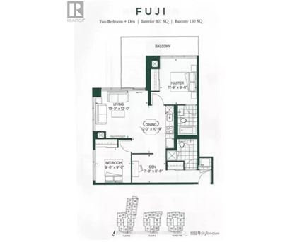 A floor plan for a two bedroom den with an interior of 807 square feet and a balcony of 130 square feet.