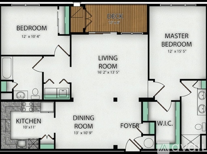 A floor plan of a house with a master bedroom, two living rooms, a kitchen, a dining room, and a foyer.