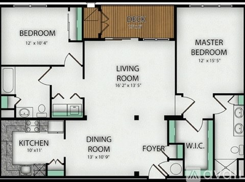 A floor plan of a house with a master bedroom, two living rooms, a kitchen, a dining room, and a foyer.