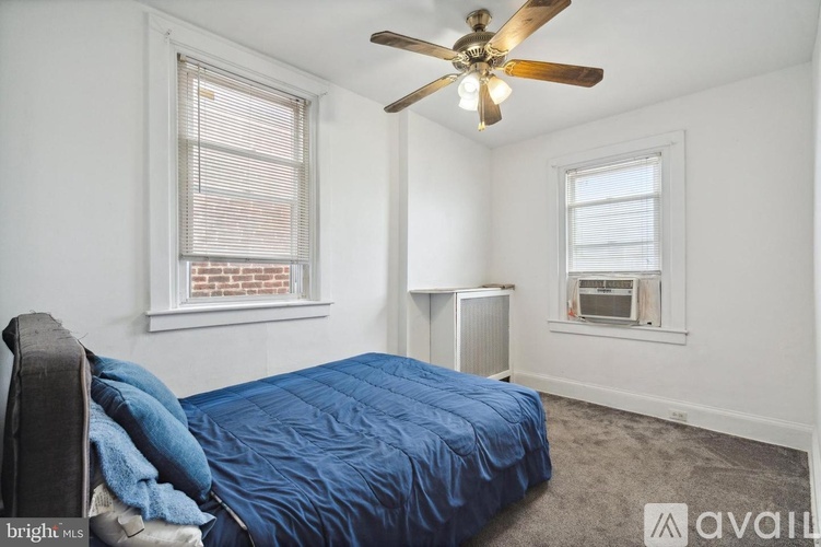 A bedroom with a bed, a ceiling fan, and two windows.