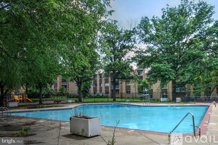 A brightly lit swimming pool surrounded by trees and apartment buildings.
