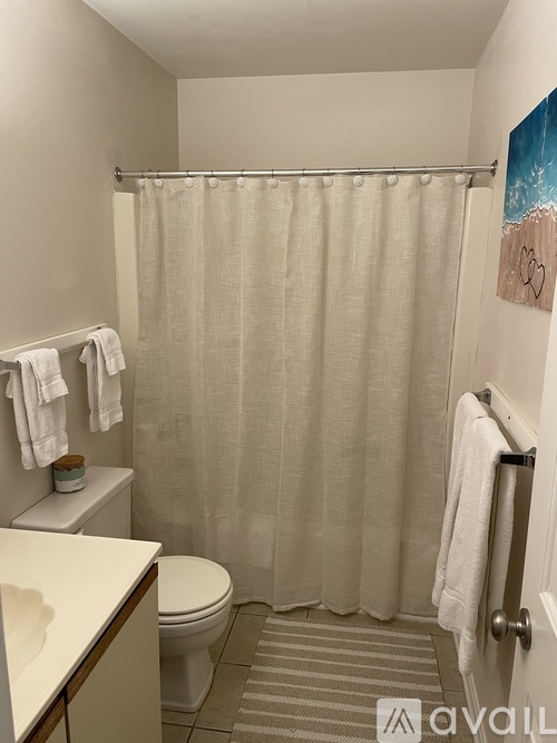 A bathroom with a toilet, sink, and shower curtain.