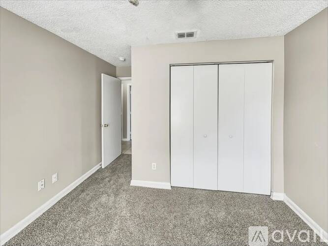 A room with a carpeted floor and a white closet.